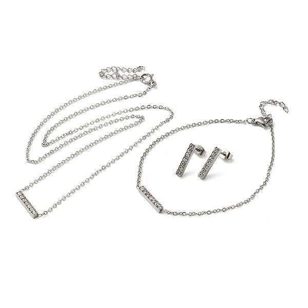 Rectangle 304 Stainless Steel Rhinestone Pendant Necklaces & Bracelets & Stud Earrings Sets for Women