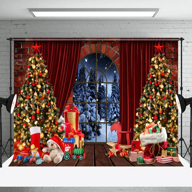 Aperturee Brick Wall Arched Windows Christmas Photo Backdrop - Aperturee
