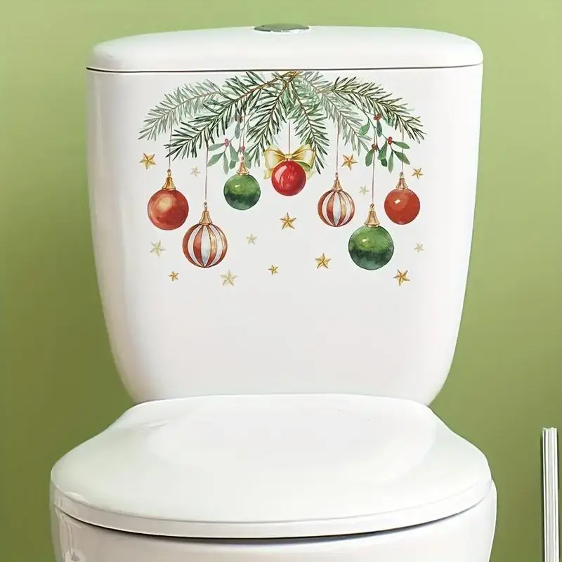 Christmas Leaf & Ball Pattern Toilet Sticker, 1 Count Removable Self Adhesive Toilet Lid Decal, Decorative Sticker for Home B...