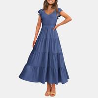 PrettyGarden Women's Summer Flowy Maxi Dress Cap Sleeve V Neck Smocked Beach Sundress Casual Comfort - Womenswear