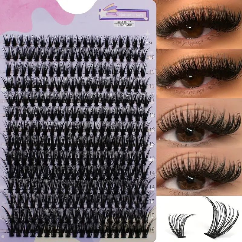 Natural False Eyelashes for Lash Extensions, 280 Clusters/set Individual False Eyelashes, Fluffy Curly Faux Cluster Lashes, P...