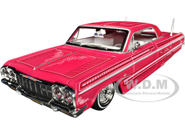 1964 Chevrolet Impala SS Lowrider Pink with Graphics and White Interior Lowriders Maisto Design Series 1/26 Diecast Model...