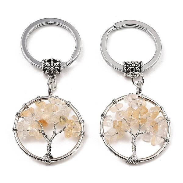 Natural Citrine Flat Round with Tree of Life Pendant Keychain