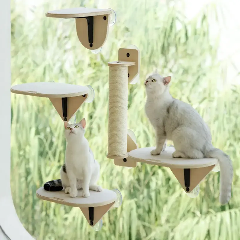 MEWOOFUN Sturdy Cat Window Perch Hammock with Climbing Steps and Scratching Post Wooden Window Mounted Cat Bed for Indoor Cat...