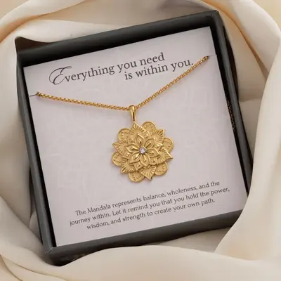 Mandala Gold Necklace - Inspirational Gift for Women - 18K Gold Plated Stainless Steel with Engraved \