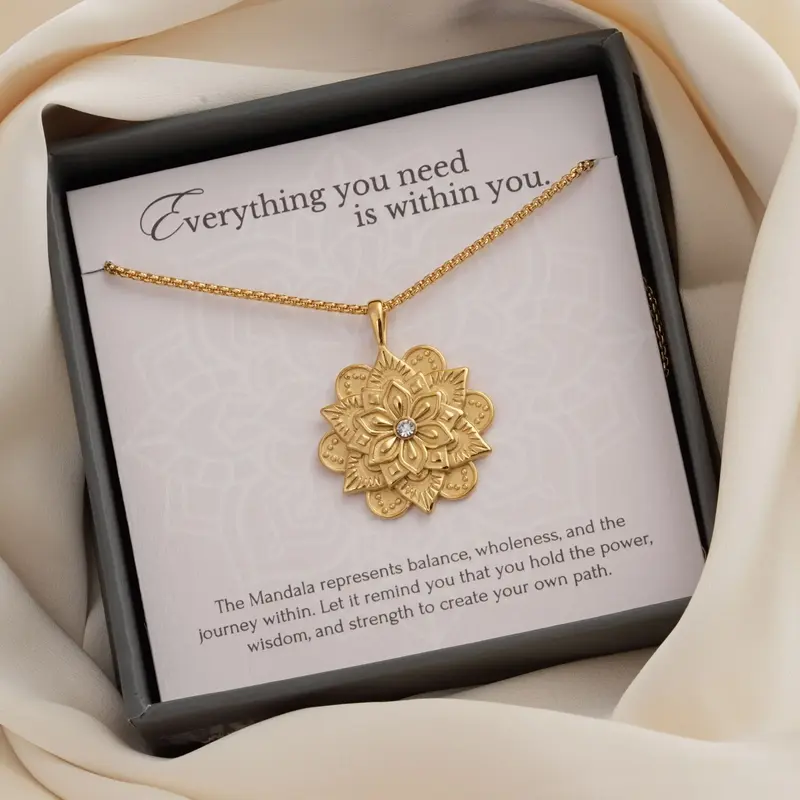Mandala Gold Necklace - Inspirational Gift for Women - 18K Gold Plated Stainless Steel with Engraved \