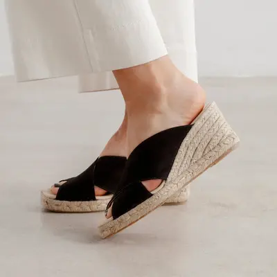 Genoa Cross Strap Vegan Suede Espadrille Wedges - Black | Select size: 6.5 US (37EU) | Color: Black