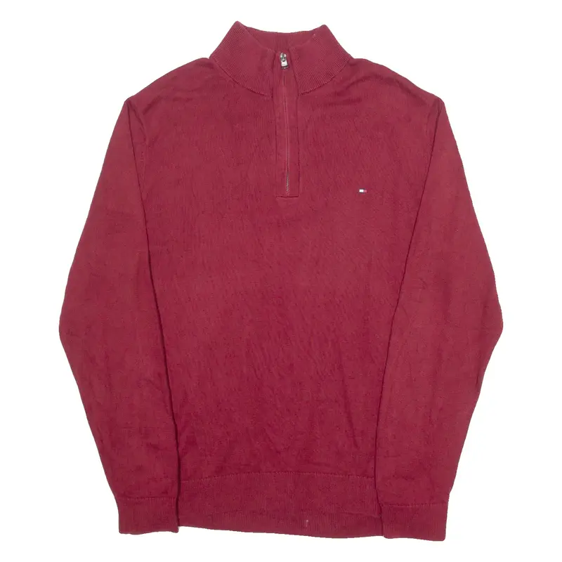 TOMMY HILFIGER Mens Jumper Maroon 1/4 Zip Tight Knit 2XL
