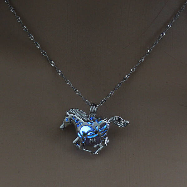 Alloy Horse Cage Pendant Necklace with Synthetic Luminous Stone