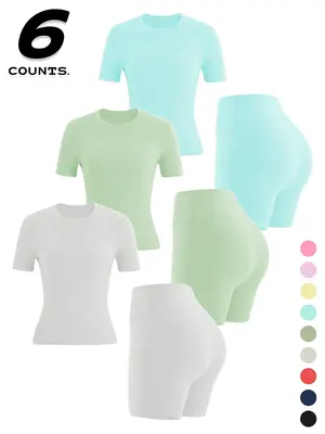 Two-piece Set Women's Solid Color Tee & High Waist Skinny Shorts Tracksuit Set, Sporty Casual Breathable Set for Yoga Gym Wor...
