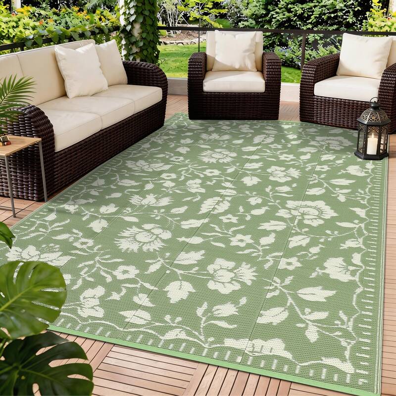 Garvee Reversible Waterproof Outdoor Patio Rug - Modern Floral Plastic Straw Mat for Patio, Deck, Garden, Camping, Collapsibl...