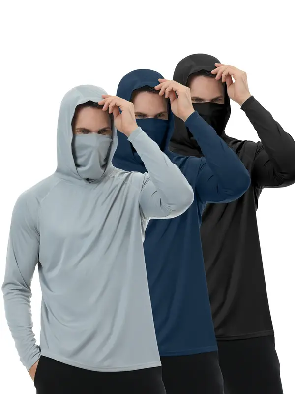 3  PACKS  Men's Athletic Hoodies Long Sleeve Fishing Shirts for Men Hooded   Set with Face Mask