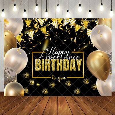 Aperturee Black Gold Balloons Ribbons Happy Birthday Backdrop, 5X3FT(1.5X1M), 15.07 USD, birthday backdrops, YZHD0O66-E
