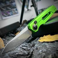 Assist Button Lock Knife, EDC Folding Pocket Knife for Men, Stonewashed Reverse Tanto Blade, Green Aluminum Handles Pocket Cl...