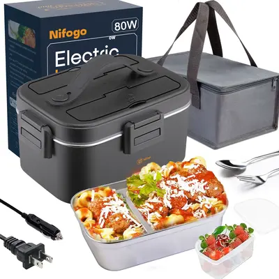 Electric Lunch Box 80W 1.5L Stainless Steel Bento Warmer with Indicator Light & Portable Tableware Set for Home Office Travel...