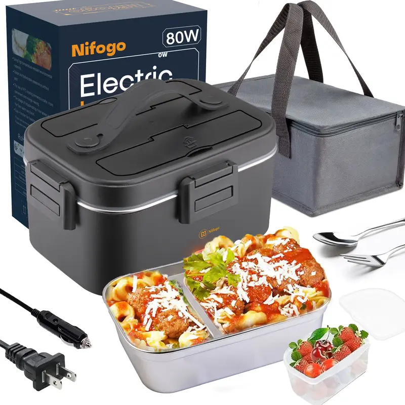 Electric Lunch Box 80W 1.5L Stainless Steel Bento Warmer with Indicator Light & Portable Tableware Set for Home Office Travel...