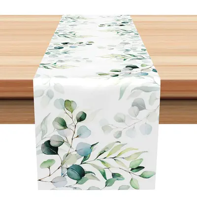 Green Cyan Leaves Faded Simple Dining Table Runner - Aperturee