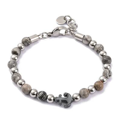 Natural Map Stone & Synthetic Magnetic Hematite Anchor Beaded Bracelet