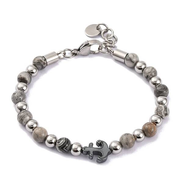 Natural Map Stone & Synthetic Magnetic Hematite Anchor Beaded Bracelet