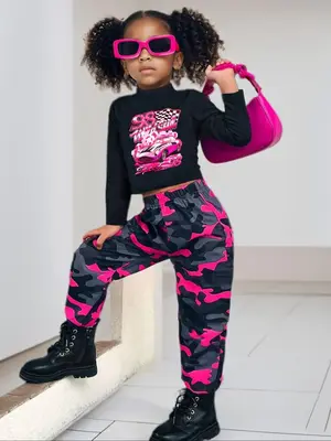 Girl's Car Print T-shirt & Camo Print Pants Two-piece Set, Casual Mock Neck Long Sleeve Tee & Trousers for Spring & Fall, Kid...