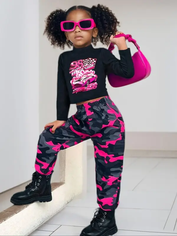 Girl's Car Print T-shirt & Camo Print Pants Two-piece Set, Casual Mock Neck Long Sleeve Tee & Trousers for Spring & Fall, Kid...