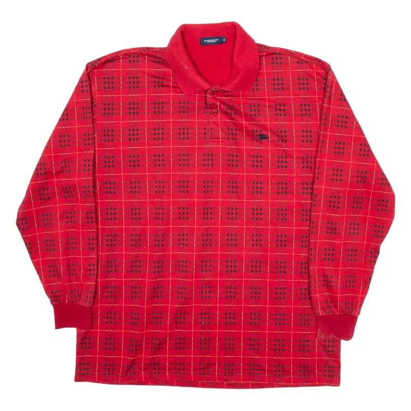 BURBERRY Mens Polo Shirt Red Check Long Sleeve XL
