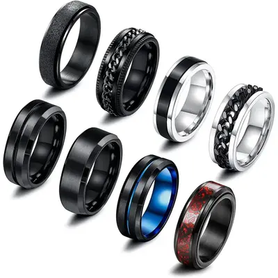 FLORIDECO 8Pcs Stainless Steel Twisted Chain Rings Spinner Rings for Fidget Rings for Women Wedding Promise Black Band Rings ...
