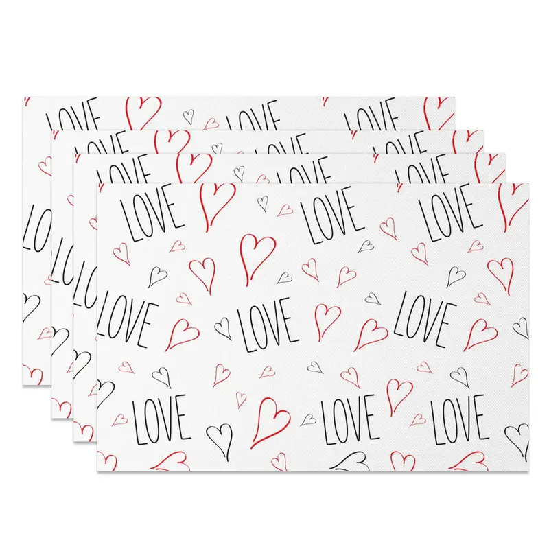 Aperturee Romantic Black Line Love Red Heart Set Of 4 Placemats, 14x12 Inch, 15.8 USD, NYJY00392-S, placemats