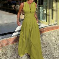 UOOZEE Women's A-line Loose Pleated Pocket Slit Zipper Round Neck Long Dress The size is smaller for those with fuller bust, ...
