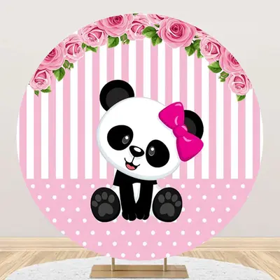 Pink White Floral Panda Girl Round Birthday Backdrop - Aperturee