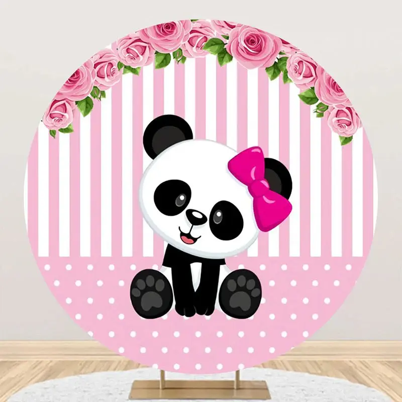 Pink White Floral Panda Girl Round Birthday Backdrop - Aperturee