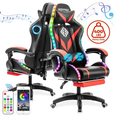 HOFFREE Gaming Chair with Speakers PU Leather Office Chair withFootrest and LED Lights Ergonomic Gamer Chair HeadrestAdjustab...