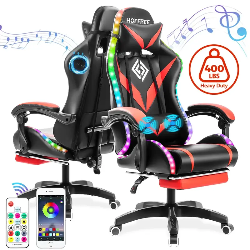 HOFFREE Gaming Chair with Speakers PU Leather Office Chair withFootrest and LED Lights Ergonomic Gamer Chair HeadrestAdjustab...