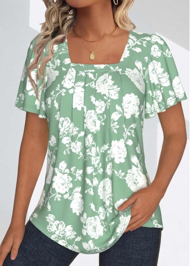 Modlily Sage Green Tuck Stitch Floral Print T Shirt - XXL