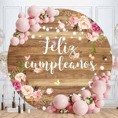 Feliz Cumpleanos Flower Wood Round Birthday Backdrop - Aperturee