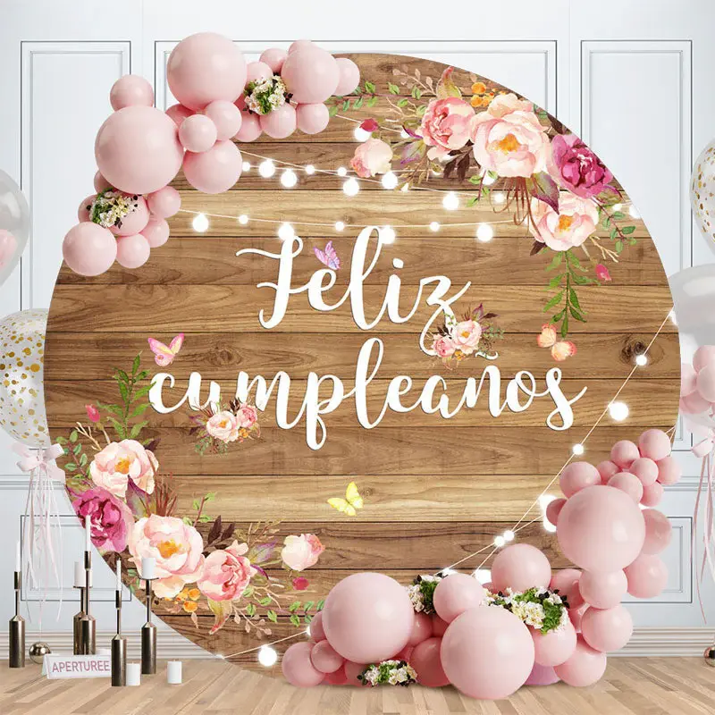 Feliz Cumpleanos Flower Wood Round Birthday Backdrop - Aperturee