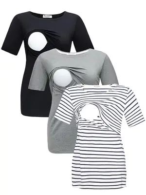 Maternity Women's Simple Basic Round Neck Maternity Nursing Tee, Comfort Soft Breathable Casual Crew Neck Short Sleeve Breast...