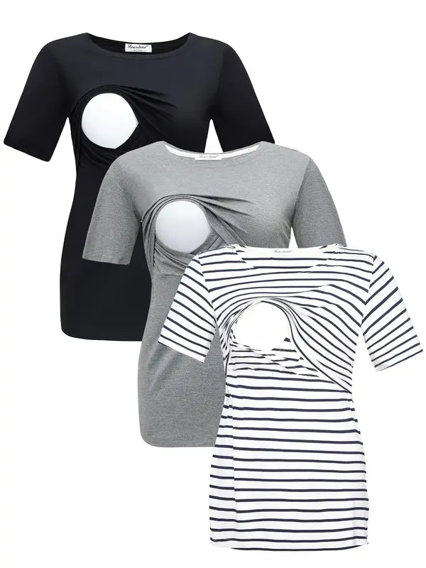 Maternity Women's Simple Basic Round Neck Maternity Nursing Tee, Comfort Soft Breathable Casual Crew Neck Short Sleeve Breast...