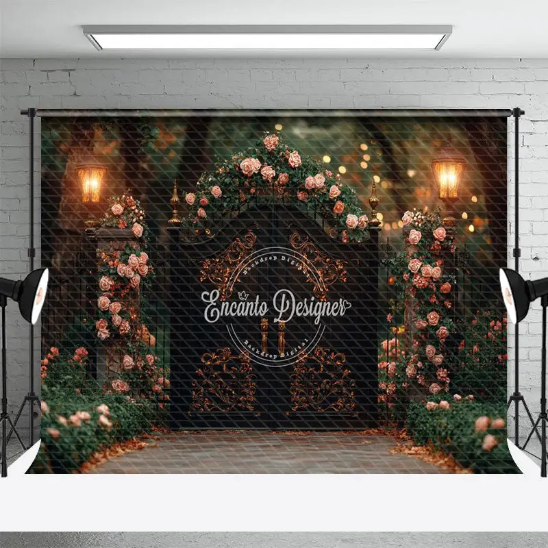Aperturee Pink Rose Greenery Luxury Gate Wedding Photo Backdrop, 3X2FT(1MX0.6M), 14 USD, wedding backdrops, ENHD2J14-M