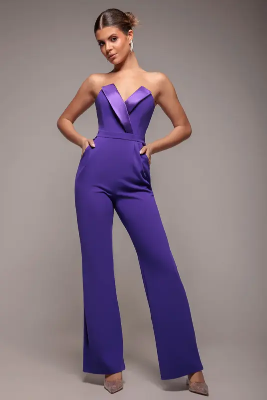 Goddiva Satin Collar Scuba Romper - Purple