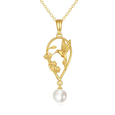 14K Gold Pearl Hummingbird & Wildflowers Pendant Necklace