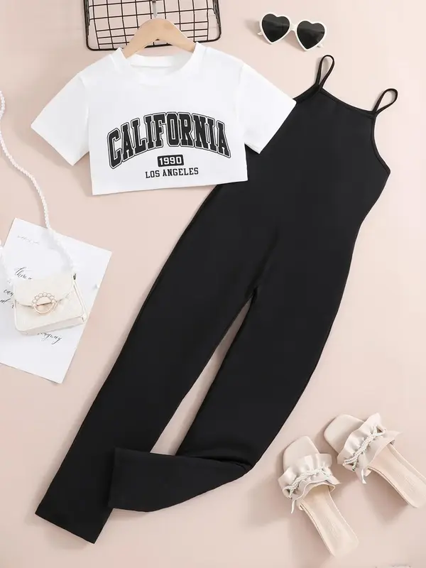 Toddler Girl's Letter Print Crop Top & Overalls Jumpsuit Two-Piece Set, Casual Short Sleeve Top & Jumpsuit for Summer, Kids ...