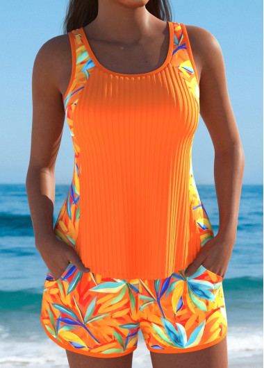 Modlily Mid Waisted Leaf Print Orange Tankini Set - XXL