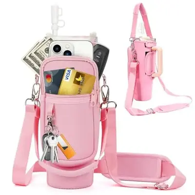 Water Bottle Carrier Bag with Phone Pocket, 40oz Tumbler Bag with 2 Straps, with Straw Cover for Cup, Washable Bottle Holder ...