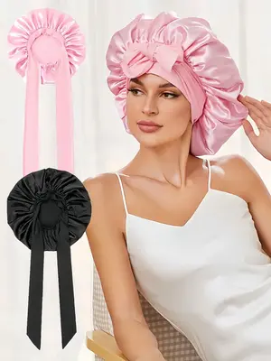 Solid Color Hair Bonnet, 2 Counts Satin Night Sleep Hair Cap for Women, Curly & Straight Hair Head Cover for Girls and Women,...