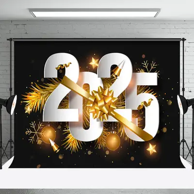 Gold Leaves Ribbons Sparks 2025 New Year Backdrop - Aperturee