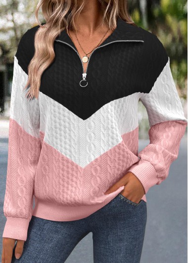 Modlily Pink Jacquard Long Sleeve Turn Down Collar Sweatshirt - XL