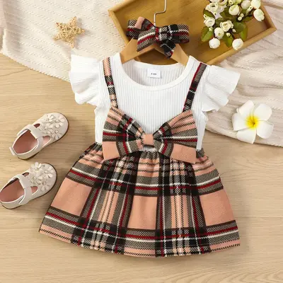 PatPat 2pcs Baby Girl 95% Cotton Ribbed Flutter-sleeve Splicing Plaid Bowknot Dress with Headband Set