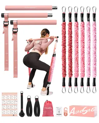 ALongSong Pilates Bar Kit with Resistance Bands Portable Home Workout Equipment with Timer for Full Body Exercise Fitness Equ...