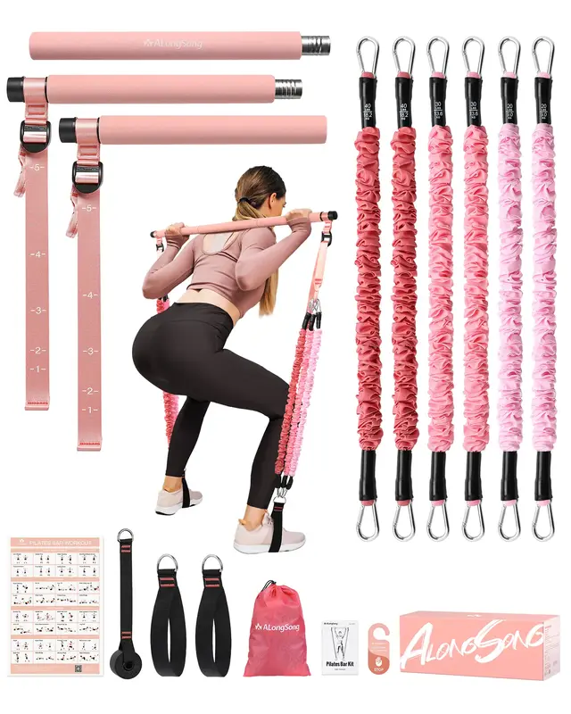 ALongSong Pilates Bar Kit with Resistance Bands Portable Home Workout Equipment with Timer for Full Body Exercise Fitness Equ...